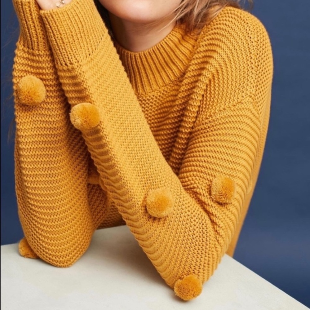 Anthropologie Moth mustard yellow cotton pom pom sweater